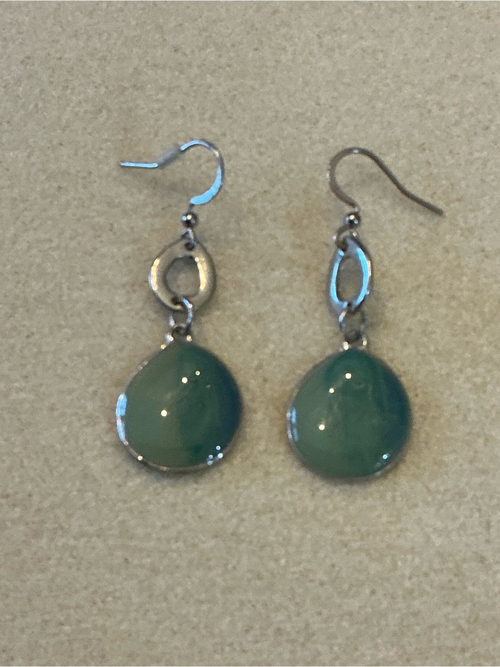 Silver Teardrop Green Dangle Earrings